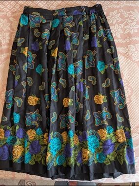 Chaus Black Floral Paisley Midi Skirt in Teal, Purple & Gold Accents